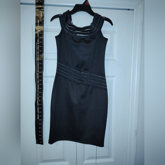 Elegant Black Sleeveless Dress 3 Striped Front Glossy Manito Mini Dress 👗 - Picture 7 of 7